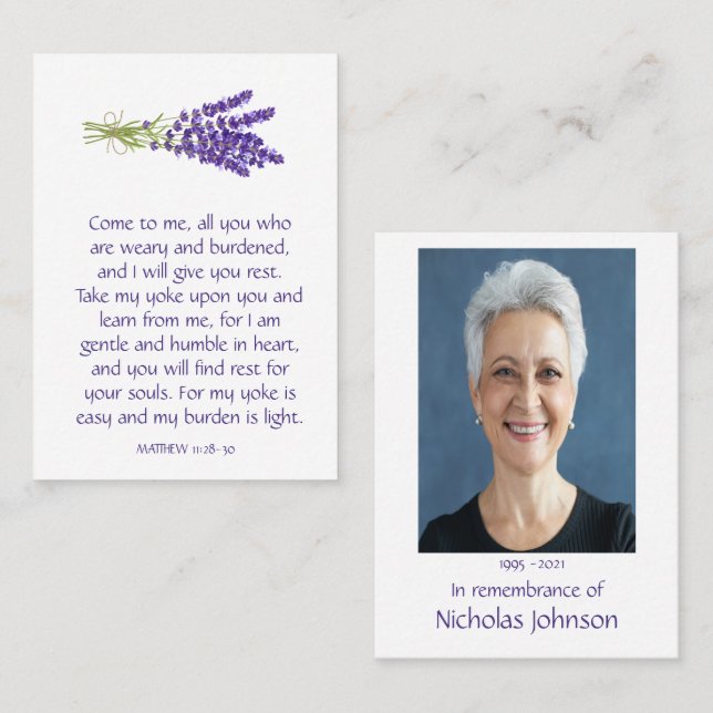 Memorial Photo Prayer Lavender Garden Flower Business Card (Front/Back)