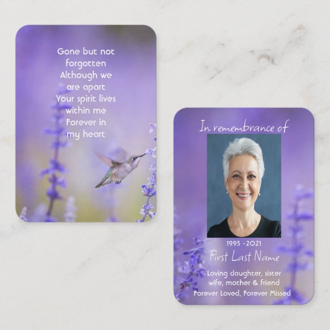 Memorial Photo Prayer Lavender Hummingbird Garden Business Card (Front/Back)
