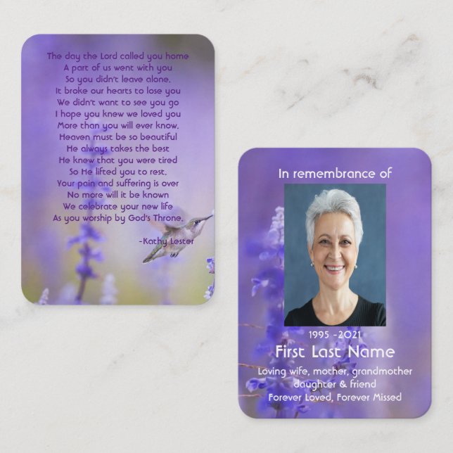 Memorial Photo Prayer Lavender Hummingbird Garden  Business Card (Front/Back)