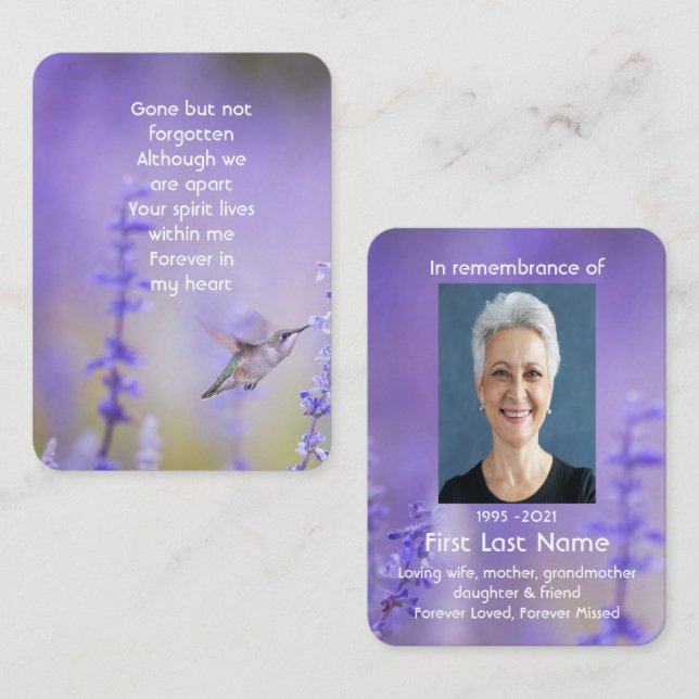 Memorial Photo Prayer Lavender Hummingbird Garden Business Card (Front/Back)