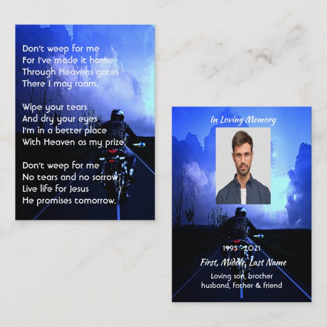 Memorial Photo Prayer Motorcycle Biker  Business Card (Front/Back)