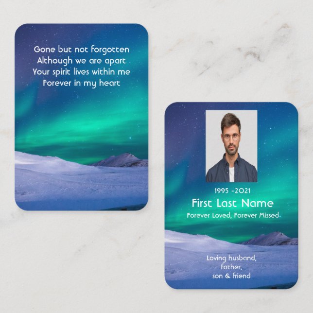 Memorial Photo Prayer northern lights aurora borea Business Card (Front/Back)