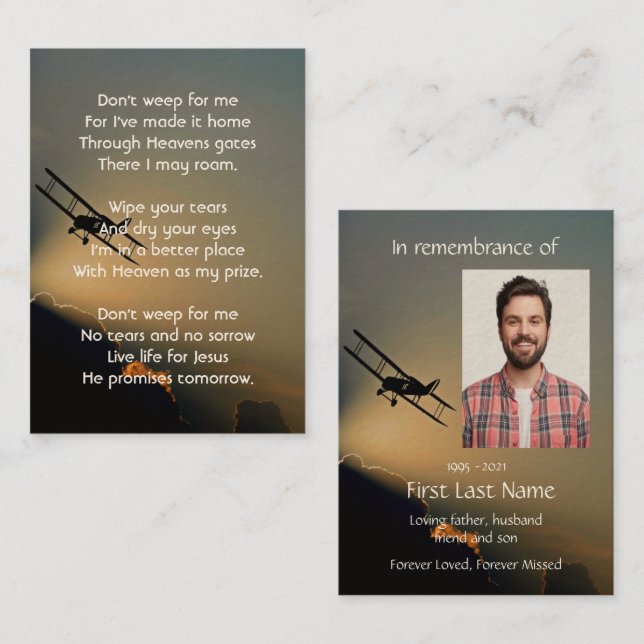 Memorial Photo Prayer Pilot Aeroplane Flying  Business Card (Front/Back)