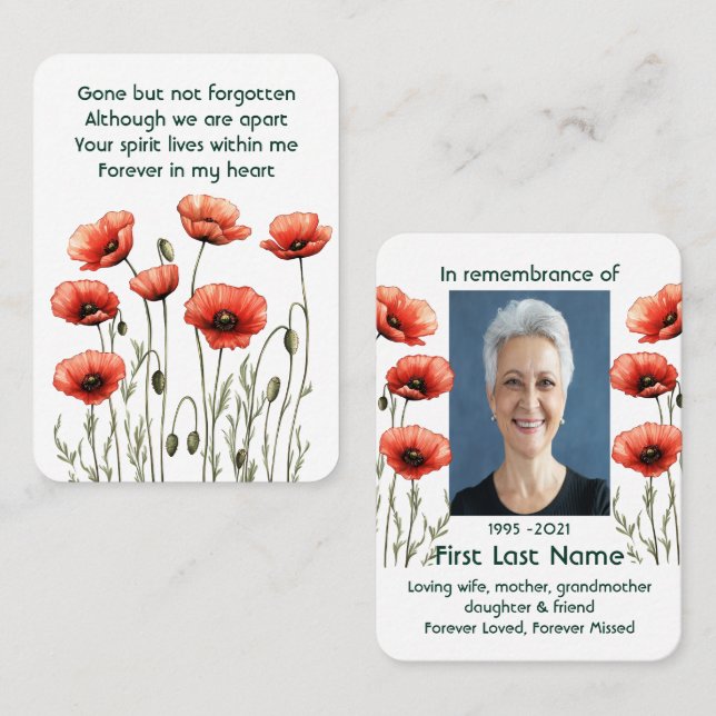 Memorial Photo Prayer  Poppy Garden Flower Flora Business Card (Front/Back)