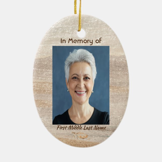Memorial Photo Prayer Sandy Beach Sea Turtle  Ceramic Tree Decoration (Back)