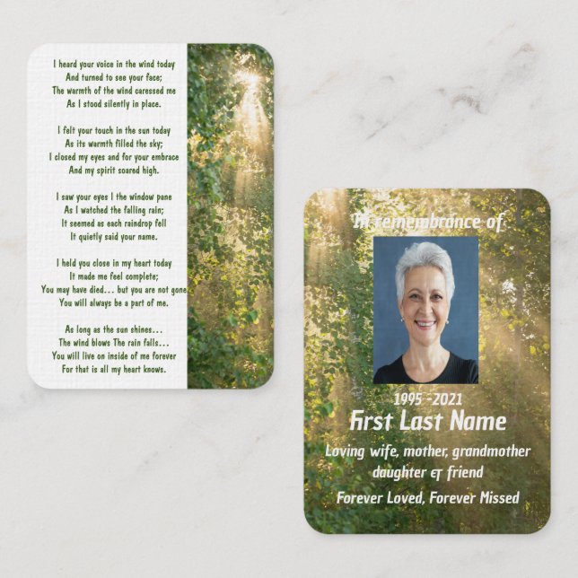 Memorial Photo Prayer Sunshine Forest Business Card (Front/Back)