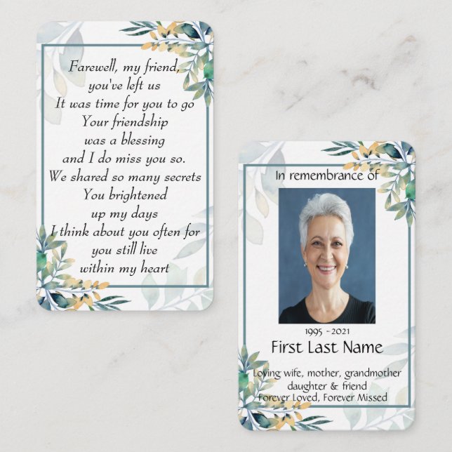 Memorial Photo Prayer Teal Farewell My Friend  Business Card (Front/Back)