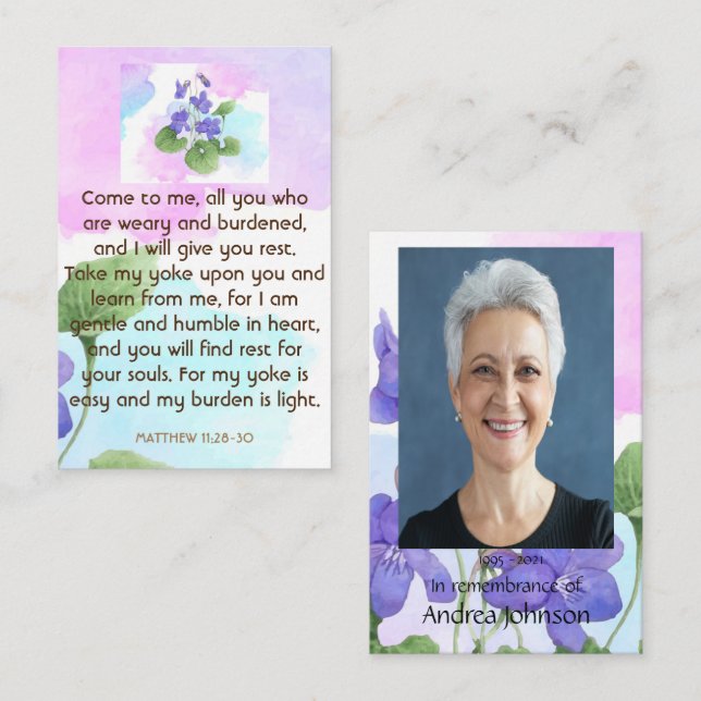 Memorial Photo Prayer Violets Garden Flower Floral Business Card (Front/Back)