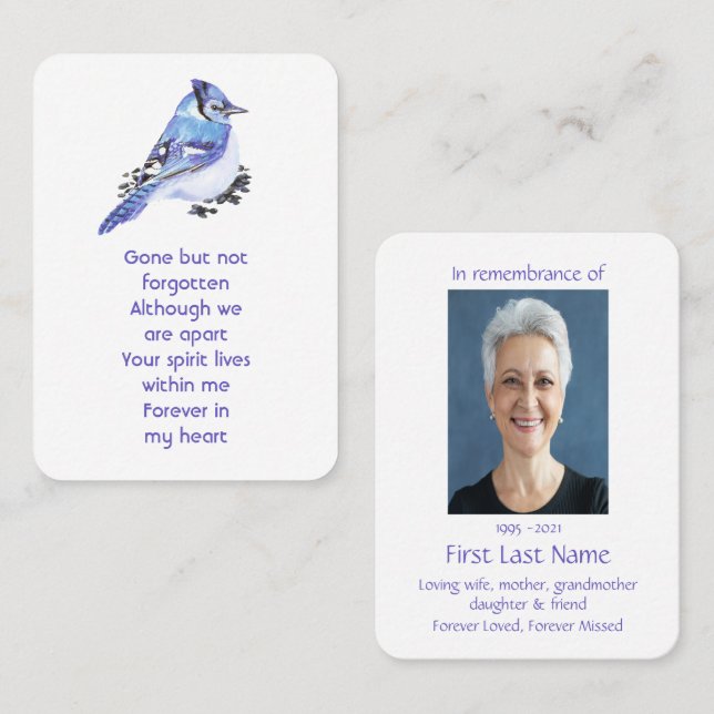 Memorial Photo Prayer Watercolor Bluejay Garden  Business Card (Front/Back)