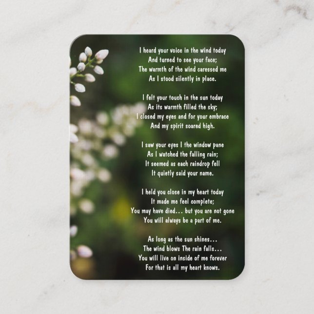 Memorial Photo Prayer White Flower Garden Business Card (Front)