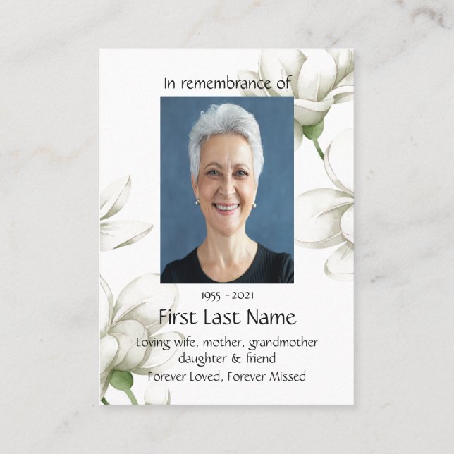 Memorial Photo Prayer White Flower & Quote Business Card (Back)