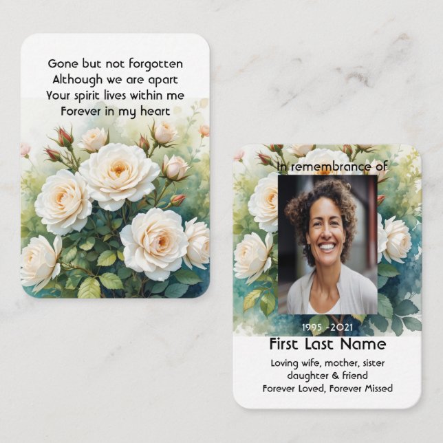 Memorial Photo Prayer White Roses Garden Flowers Business Card (Front/Back)
