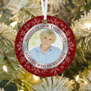Memorial Photo Red Always in our Thoughts Xmas Metal Tree Decoration