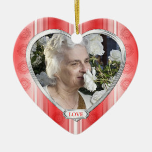 Memorial Photo Red White Heart Christmas Ceramic Tree Decoration