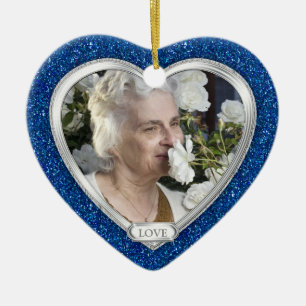 Memorial Photo Royal Blue Silver Heart Christmas Ceramic Tree Decoration