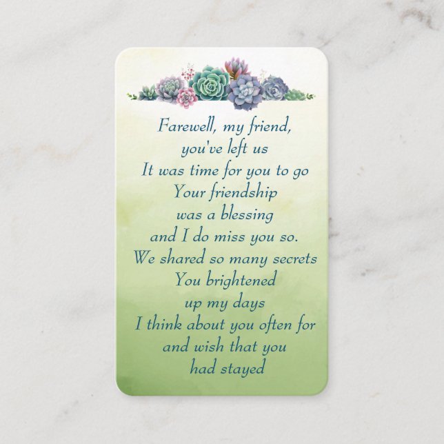 Memorial Photo Succulents Farewell My Friend  Business Card (Front)