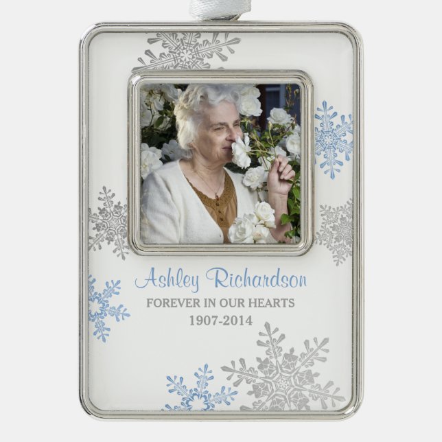 Memorial Photo Template Christmas Blue Silver Plated Framed Ornament (Front)