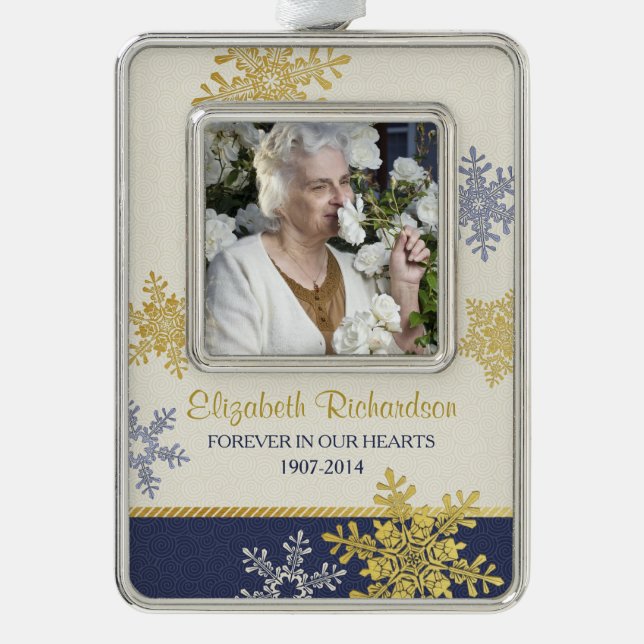 Memorial Photo Template Christmas Gold Navy Blue Silver Plated Framed Ornament (Front)