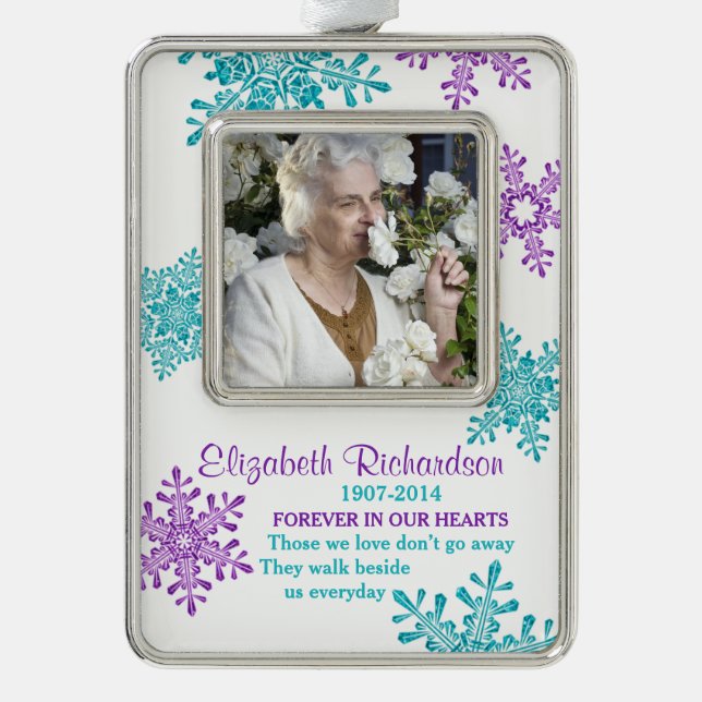 Memorial Photo Template Christmas Purple Teal Silver Plated Framed Ornament (Front)