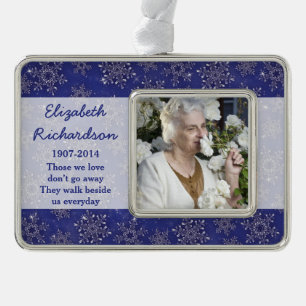 Memorial Photo Template Christmas Snowflake Blue Silver Plated Framed Ornament