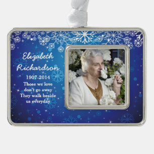 Memorial Photo Template Christmas Xmas Blue Silver Plated Framed Ornament