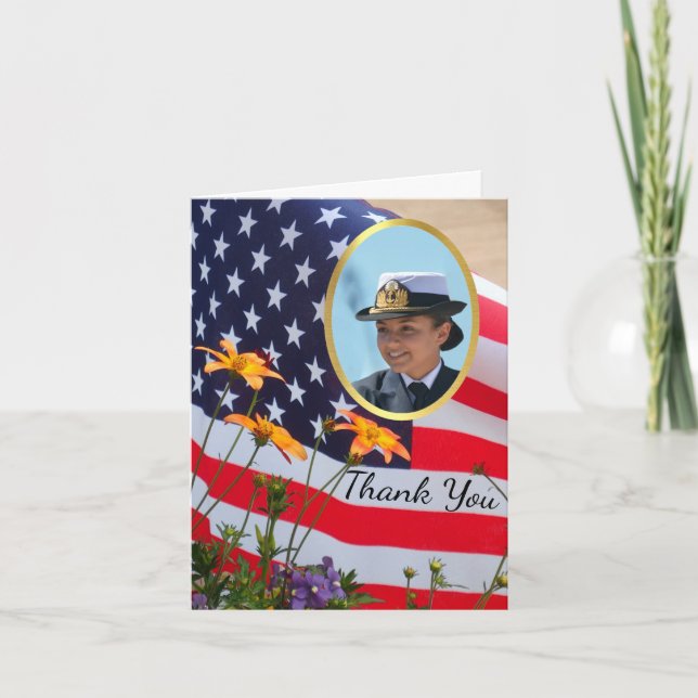 Memorial Photo Thank You Card with Flag (Front)