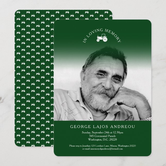 Memorial photo tractor green funeral invitations (Front/Back)