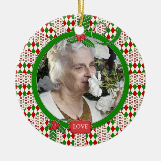 Memorial Photo Unique Red Green Christmas Ceramic Tree Decoration (Front)