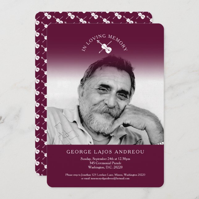 Memorial photo violin orchestral funeral invites (Front/Back)
