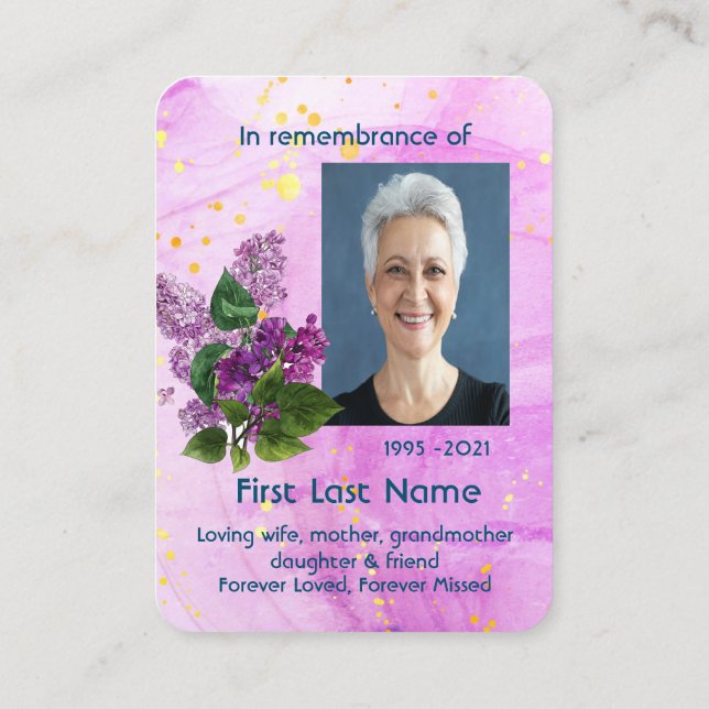 Memorial Photo Watercolor Lilac Garden Flower Business Card (Back)