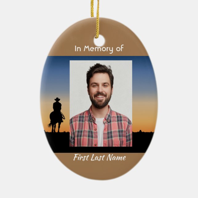 Memorial Photo Western Horse Back Riding  Ceramic Tree Decoration (Back)