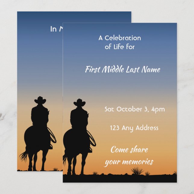 Memorial Photo Western Horse Back Riding  Invitation (Front/Back)