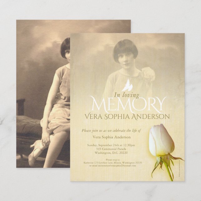 Memorial photo white rose bud funeral announcement (Front/Back)