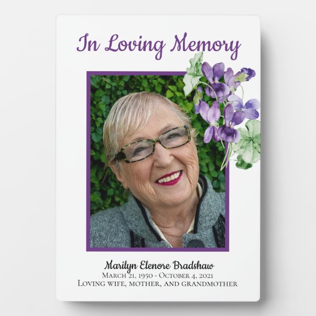 Memorial Plaque Photo Watercolor Floral Violets (Front)