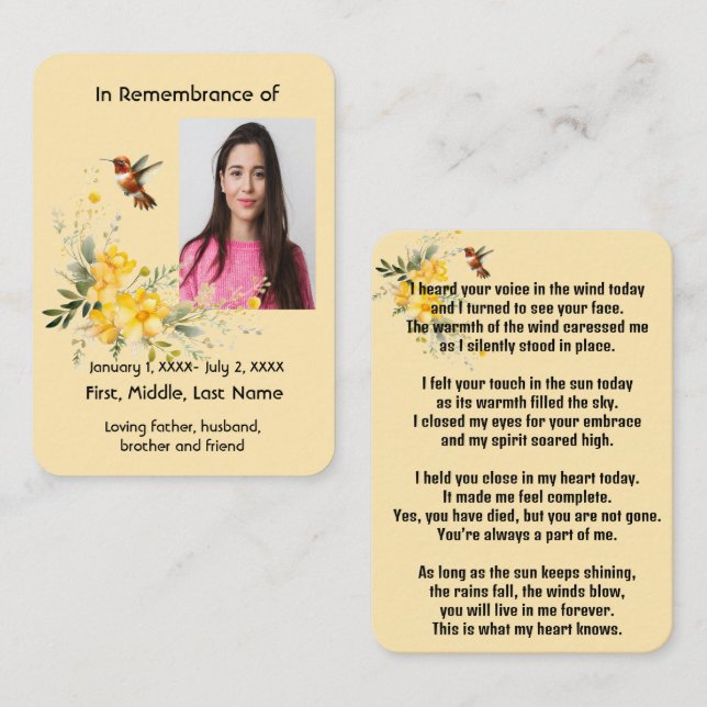 Memorial Pocket Card Hummingbird Yellow Roses  (Front/Back)