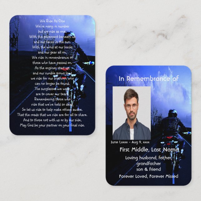 Memorial Pocket Keepsake Motorcycle Biker  Business Card (Front/Back)