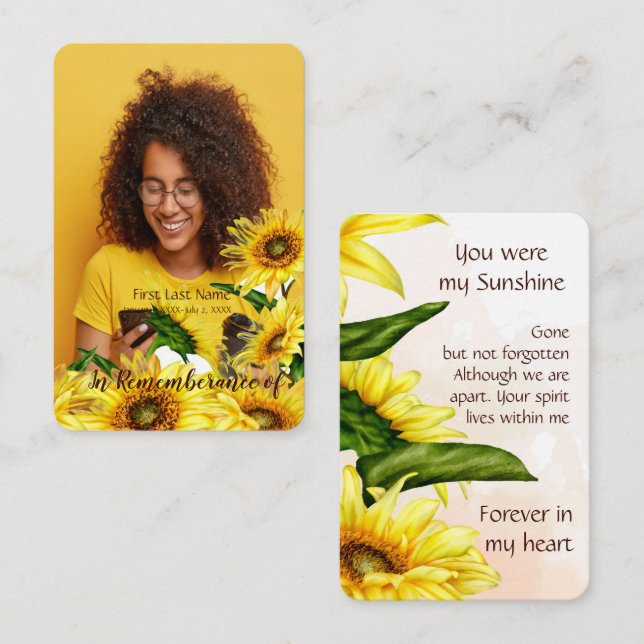 Memorial Pocket Keepsake Sunflower Sunshine  Business Card (Front/Back)