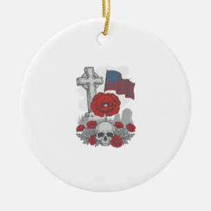 Memorial Poppy Flag Cross Vintage Engraving Vector Ceramic Tree Decoration