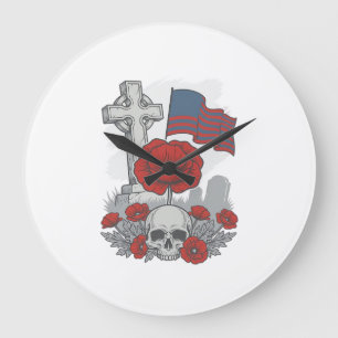Memorial Poppy Flag Cross Vintage Engraving Vector Large Clock