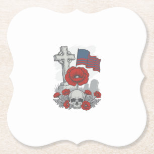 Memorial Poppy Flag Cross Vintage Engraving Vector Paper Coaster