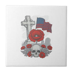 Memorial Poppy Flag Cross Vintage Engraving Vector Tile