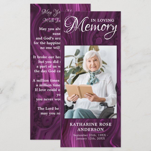 Memorial Prayer Card Funeral Bookmark Purple Marbl (Front/Back)