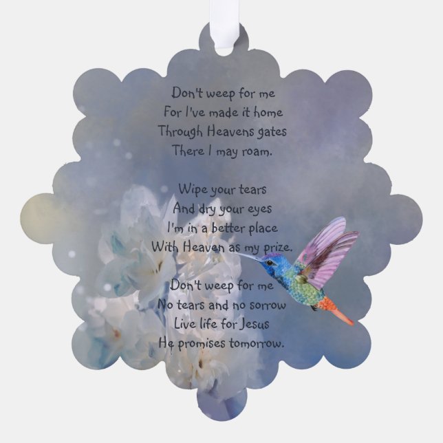 Memorial Prayer Card Hummingbird White Flowers (Back)