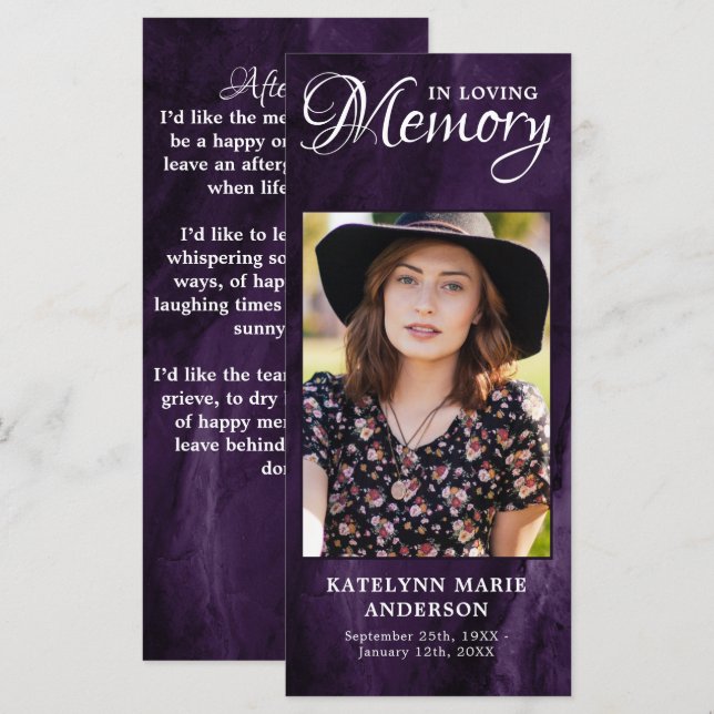 Memorial Prayer Card Purple Marble Funeral Photo  (Front/Back)