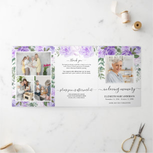Memorial Purple Watercolor Floral Funeral  Tri-Fold Programme