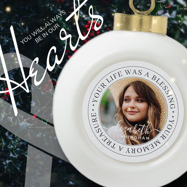 Memorial Quote Modern Elegant Chic Custom Photo Ceramic Ball Christmas Ornament (Creator Uploaded)
