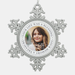 Memorial Quote Modern Elegant Chic Custom Photo Snowflake Pewter Christmas Ornament