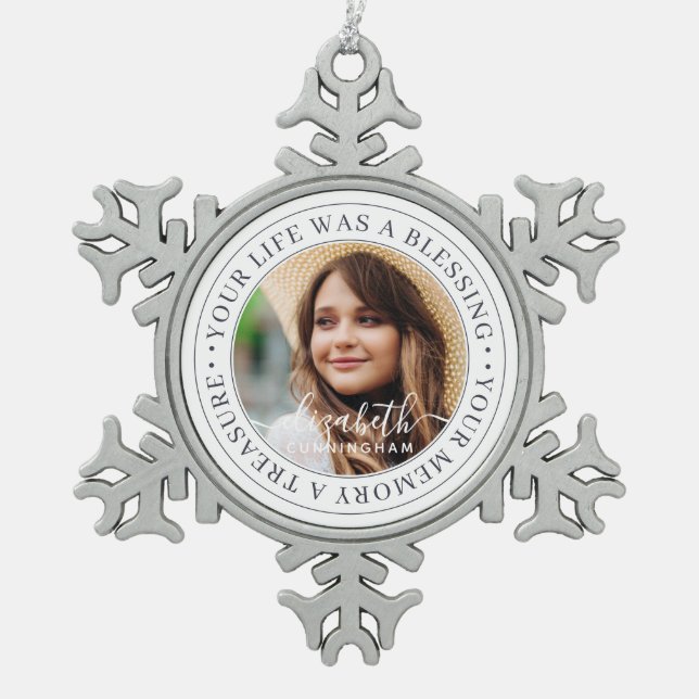 Memorial Quote Modern Elegant Chic Custom Photo Snowflake Pewter Christmas Ornament (Front)