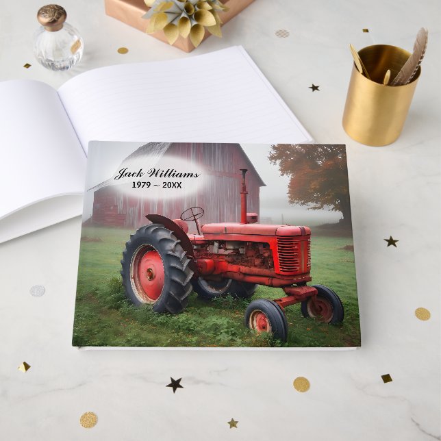 Memorial Red Tractor With Red Old Barn Guest Book (Front Open)