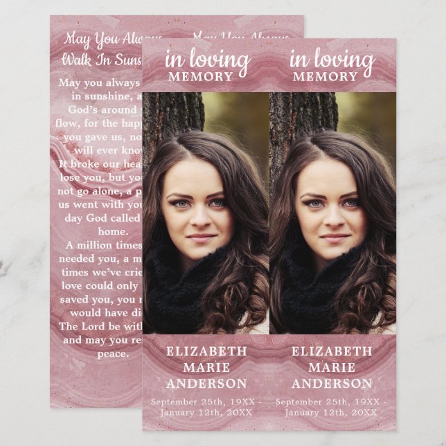 Memorial Rose Quartz 2 Funeral Prayer Bookmark  (Front/Back)